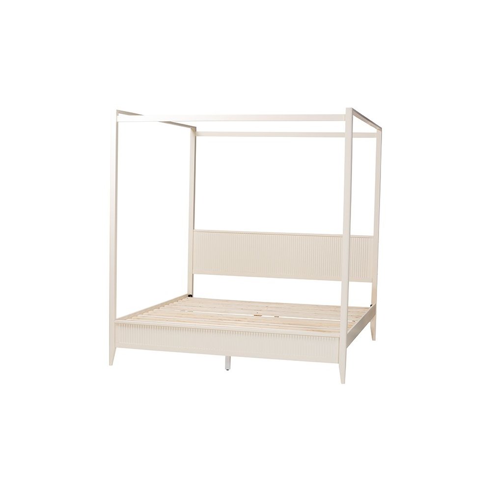 Primrose Mid-Century Ivory Fluted Wood King Size Canopy Bed. Picture 3