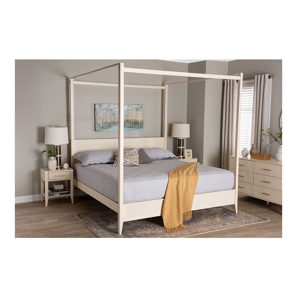 Primrose Mid-Century Ivory Fluted Wood King Size Canopy Bed. Picture 7