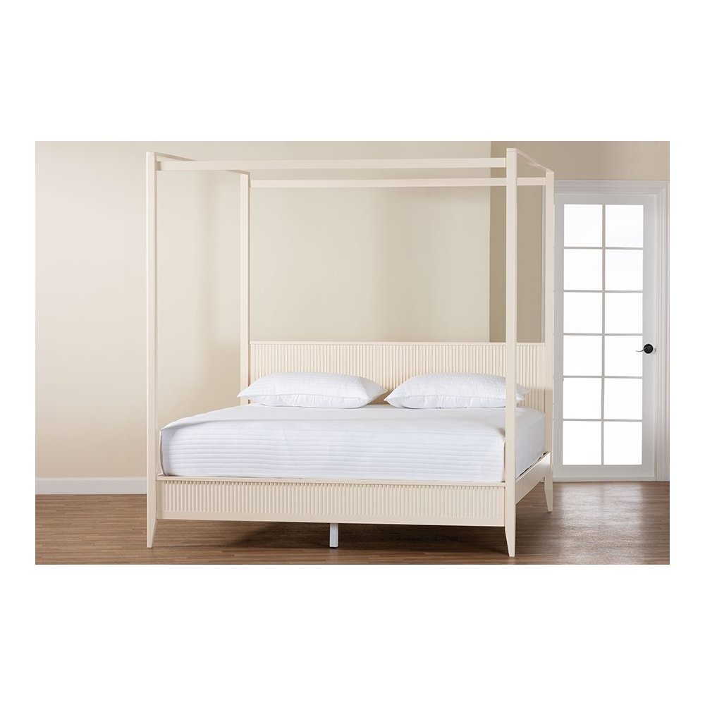 Primrose Mid-Century Ivory Fluted Wood King Size Canopy Bed. Picture 8