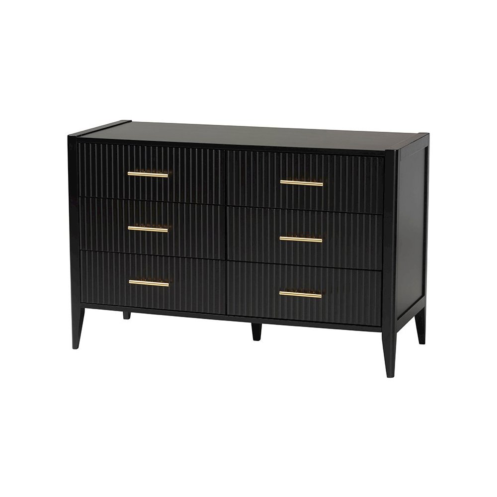 Primrose Mid-Century Black Fluted Wood 6-Drawer Dresser. Picture 1
