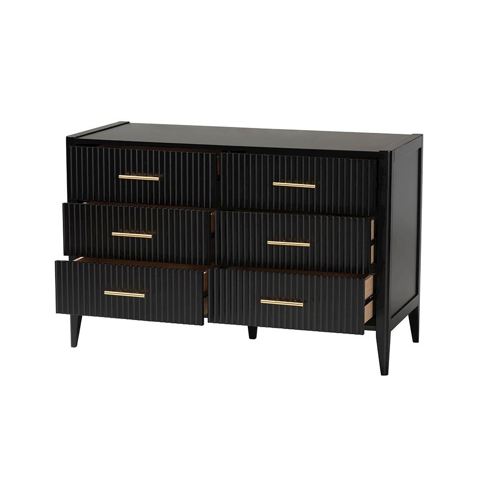 Primrose Mid-Century Black Fluted Wood 6-Drawer Dresser. Picture 2