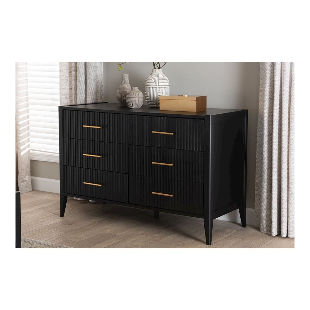 Primrose Mid-Century Black Fluted Wood 6-Drawer Dresser. Picture 8