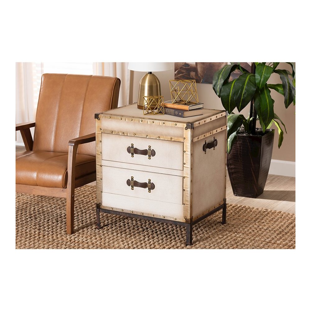 Laura Vintage White Canvas 2-Drawer End Table Trunk. Picture 8