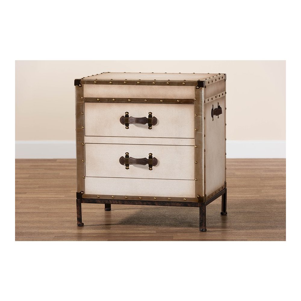 Laura Vintage White Canvas 2-Drawer End Table Trunk. Picture 9