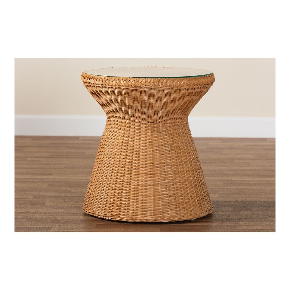 Nina Bohemian Light Honey Braided Rattan End Table with Glass Tabletop. Picture 5