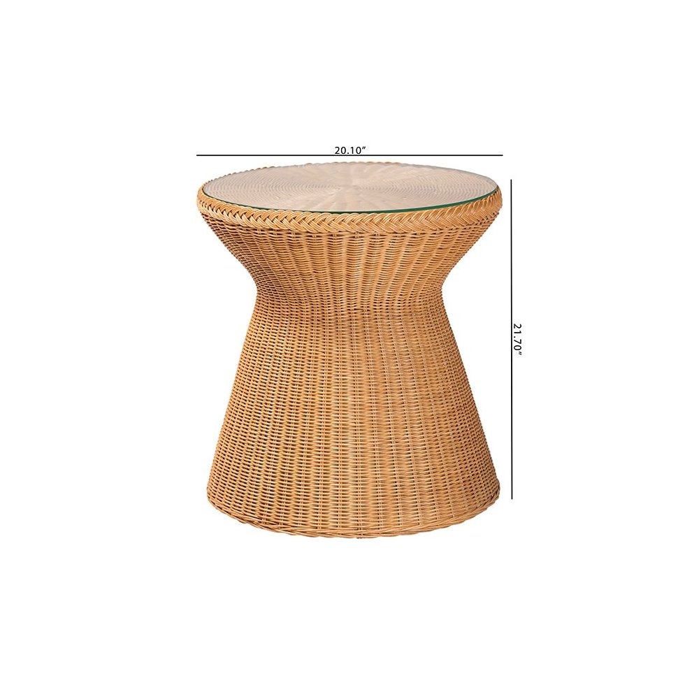 Nina Bohemian Light Honey Braided Rattan End Table with Glass Tabletop. Picture 6