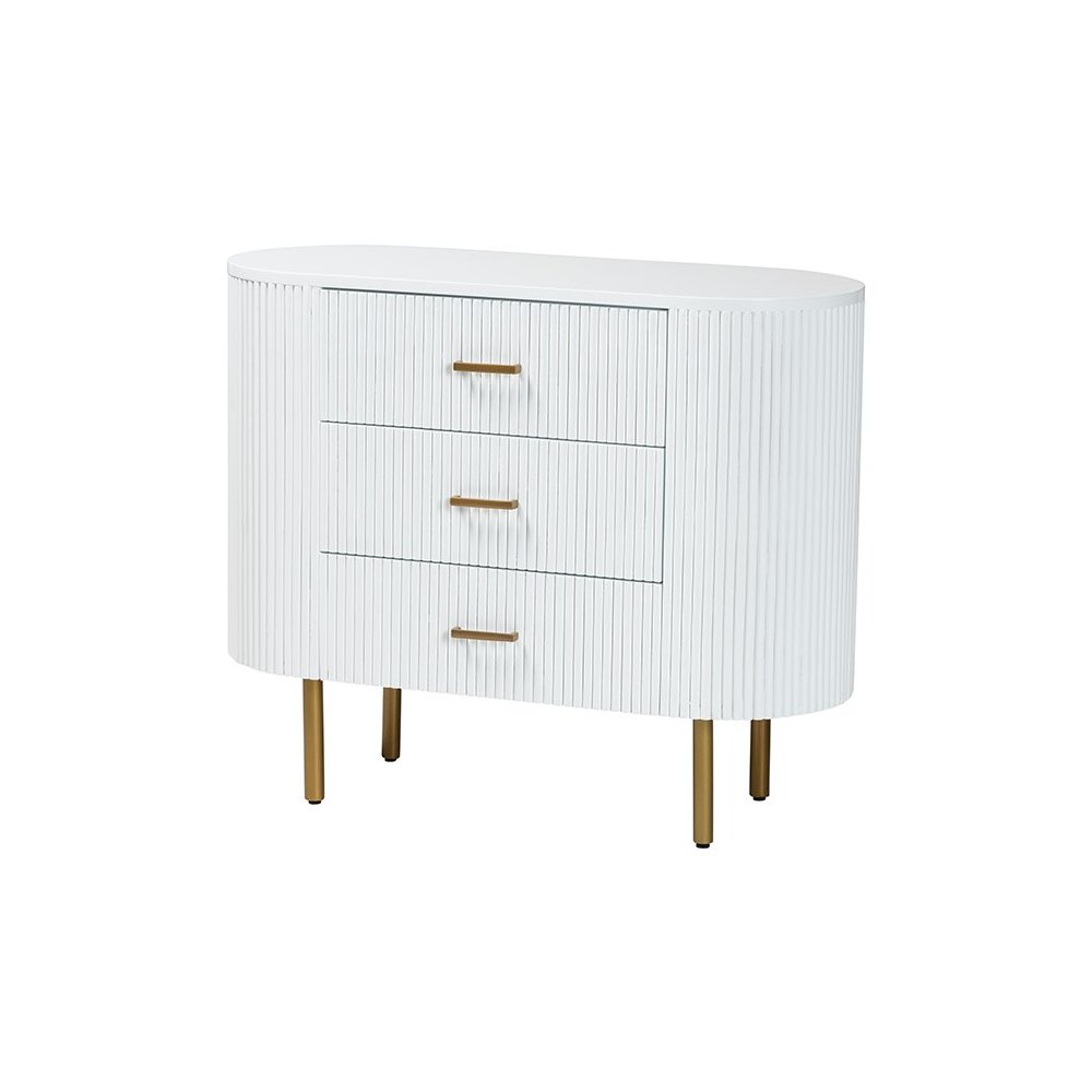 Beyla Mid-Century White Fluted Wood and Gold Metal 3-Drawer Dresser. Picture 1
