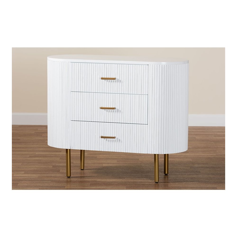 Beyla Mid-Century White Fluted Wood and Gold Metal 3-Drawer Dresser. Picture 10