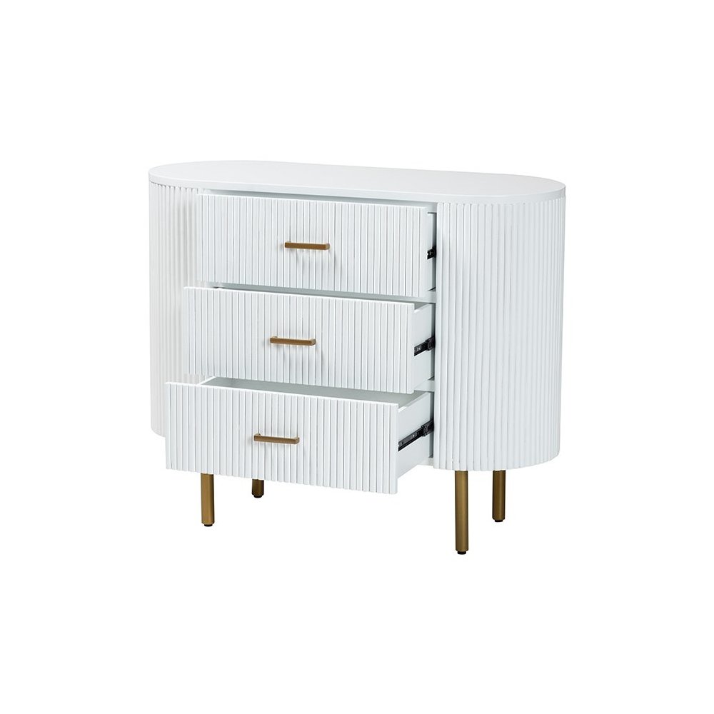 Beyla Mid-Century White Fluted Wood and Gold Metal 3-Drawer Dresser. Picture 2