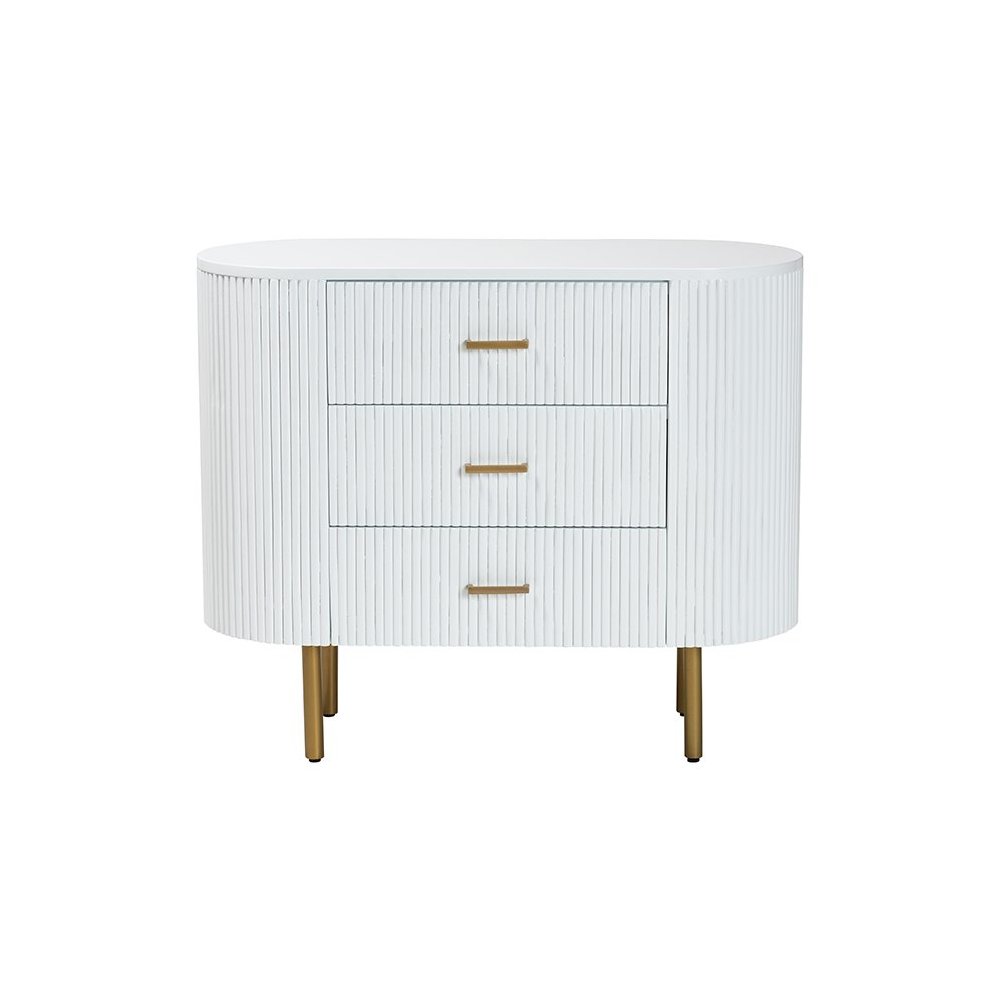 Beyla Mid-Century White Fluted Wood and Gold Metal 3-Drawer Dresser. Picture 3