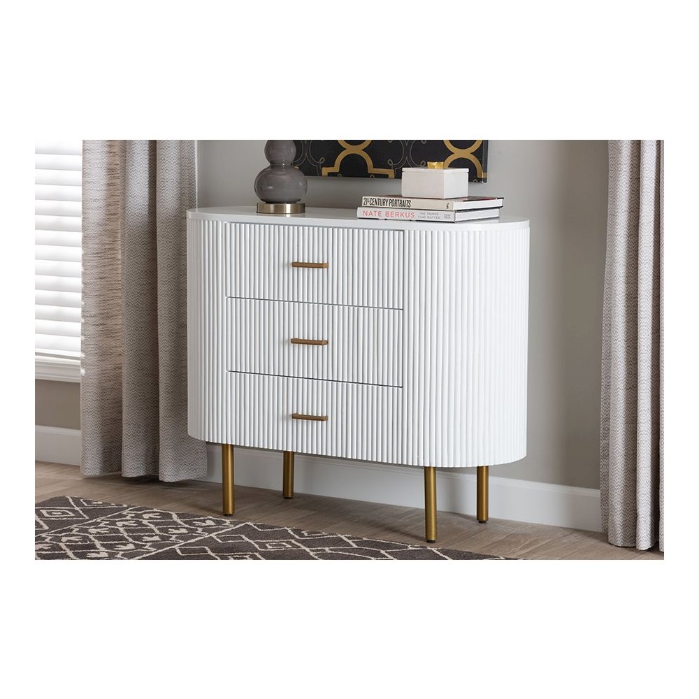 Beyla Mid-Century White Fluted Wood and Gold Metal 3-Drawer Dresser. Picture 9