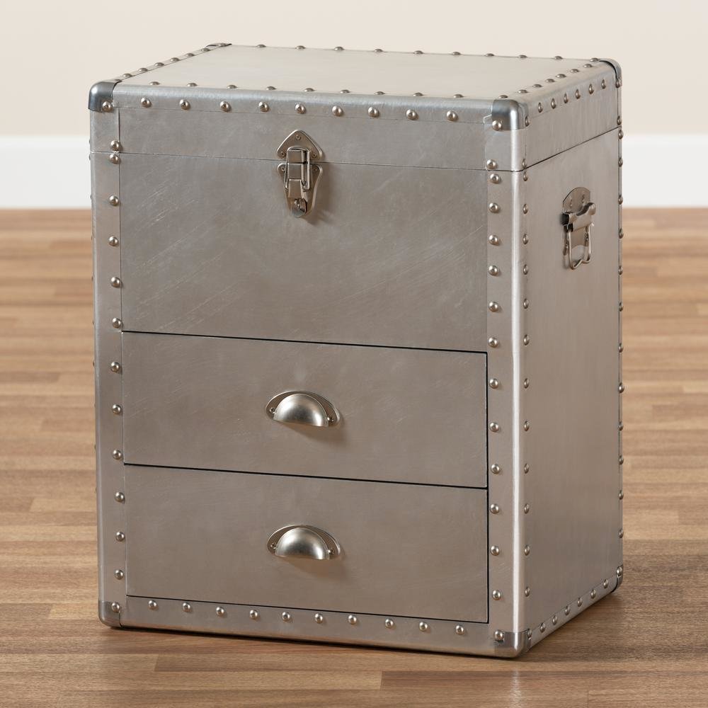 Serge French Industrial Silver Metal 2-Drawer Accent Storage Cabinet. Picture 21