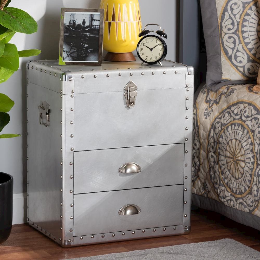 Serge French Industrial Silver Metal 2-Drawer Accent Storage Cabinet. Picture 20