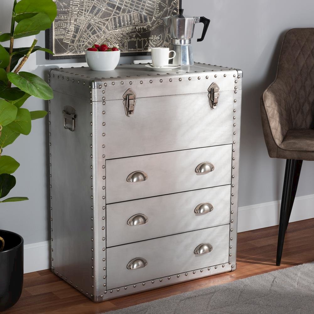 Serge French Industrial Silver Metal 3-Drawer Accent Storage Cabinet. Picture 20