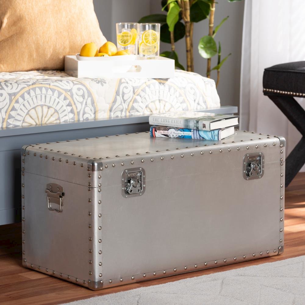 Baxton Studio Serge French Industrial Silver Metal Storage Trunk. Picture 18