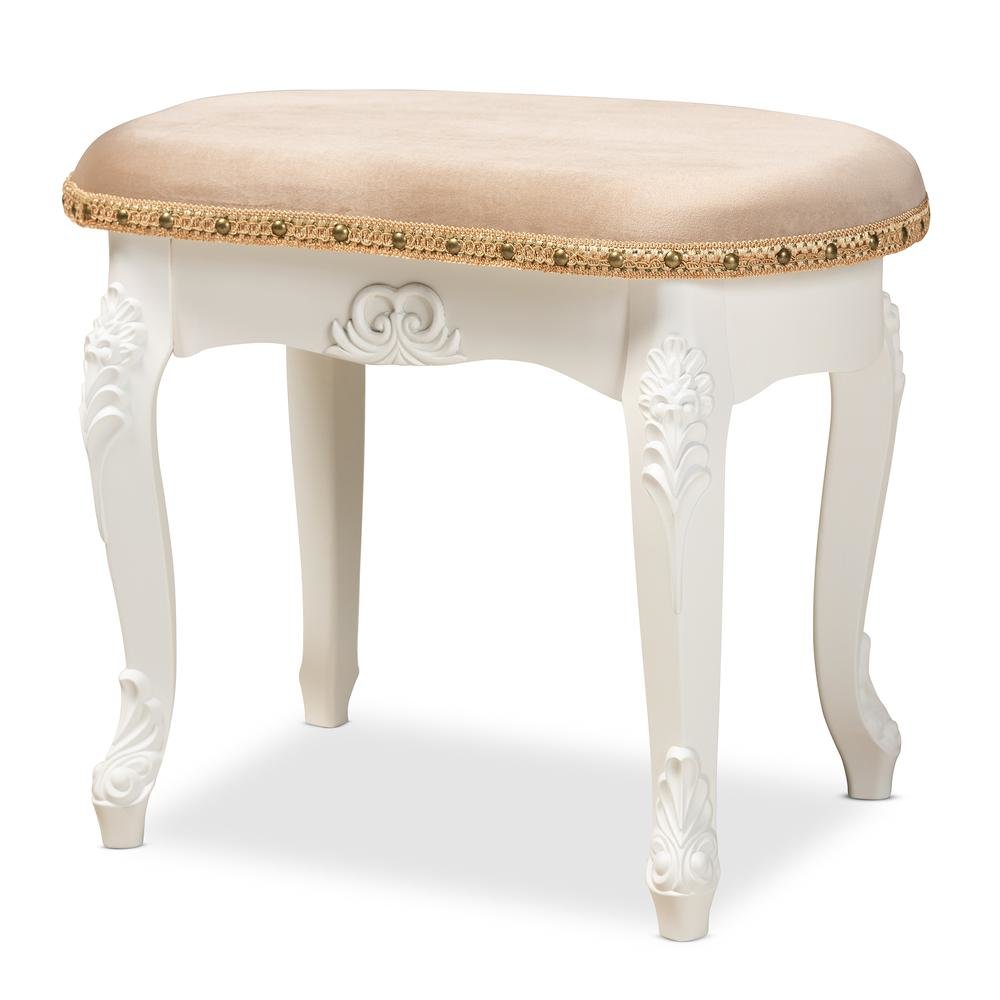 Velvet Fabric Upholstered White-Finished Wood Vanity Ottoman. Picture 10