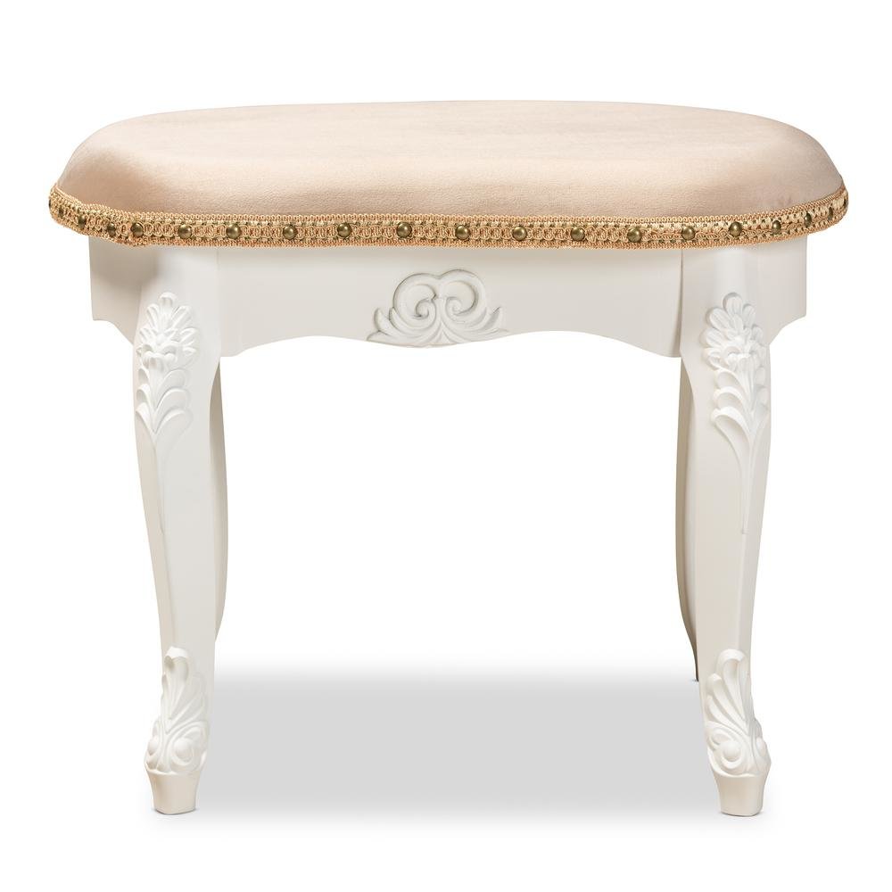 Velvet Fabric Upholstered White-Finished Wood Vanity Ottoman. Picture 11