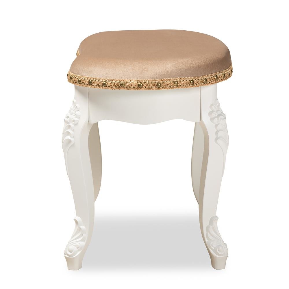 Velvet Fabric Upholstered White-Finished Wood Vanity Ottoman. Picture 12