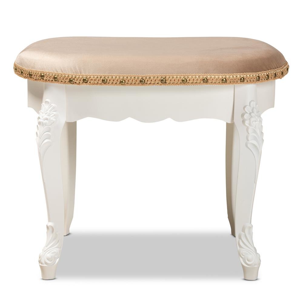 Velvet Fabric Upholstered White-Finished Wood Vanity Ottoman. Picture 13