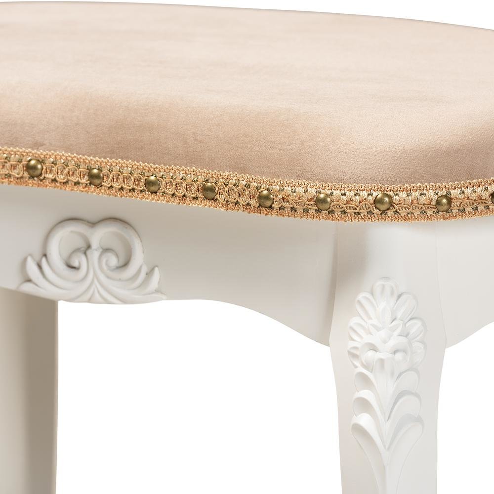 Velvet Fabric Upholstered White-Finished Wood Vanity Ottoman. Picture 14