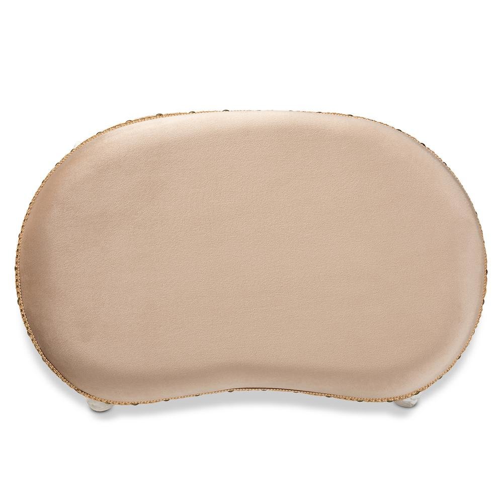 Velvet Fabric Upholstered White-Finished Wood Vanity Ottoman. Picture 15