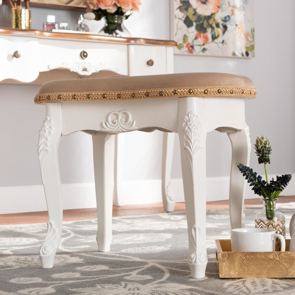Velvet Fabric Upholstered White-Finished Wood Vanity Ottoman. Picture 16