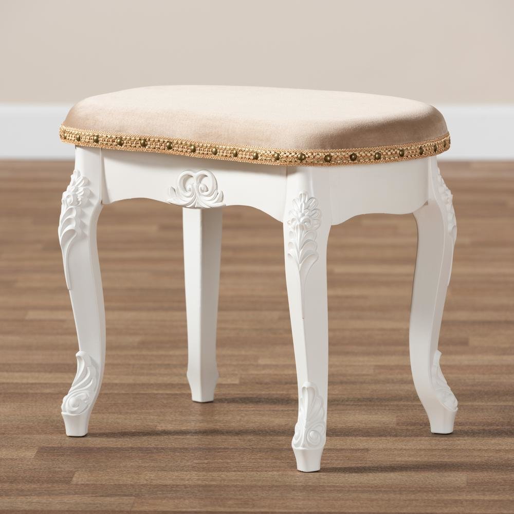 Velvet Fabric Upholstered White-Finished Wood Vanity Ottoman. Picture 17