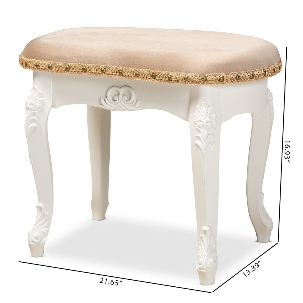 Velvet Fabric Upholstered White-Finished Wood Vanity Ottoman. Picture 18