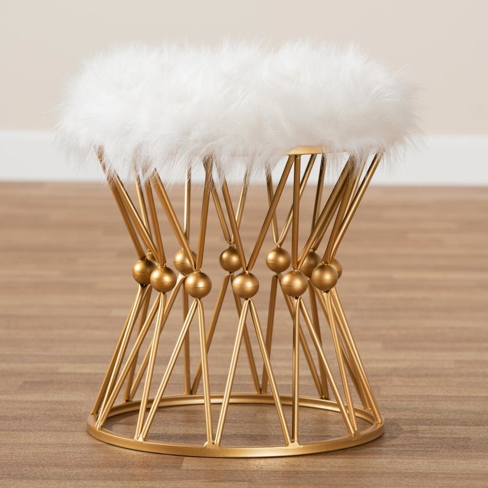 Leonie Glam and Luxe White Faux Fur Upholstered Gold Finished Metal Ottoman. Picture 11