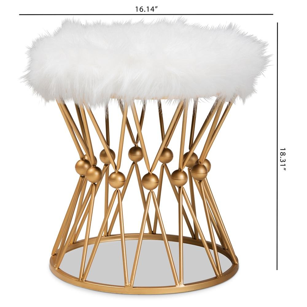 Leonie Glam and Luxe White Faux Fur Upholstered Gold Finished Metal Ottoman. Picture 12