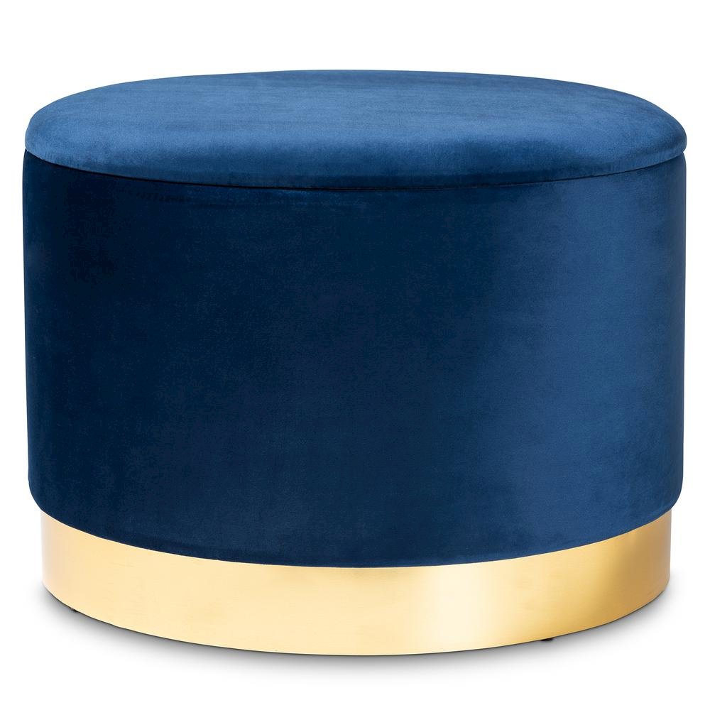 Luxe Navy Blue Velvet Fabric Upholstered Gold Finished Storage Ottoman. Picture 9