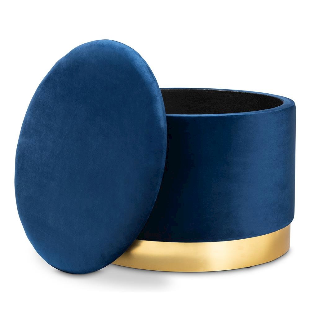Luxe Navy Blue Velvet Fabric Upholstered Gold Finished Storage Ottoman. Picture 10