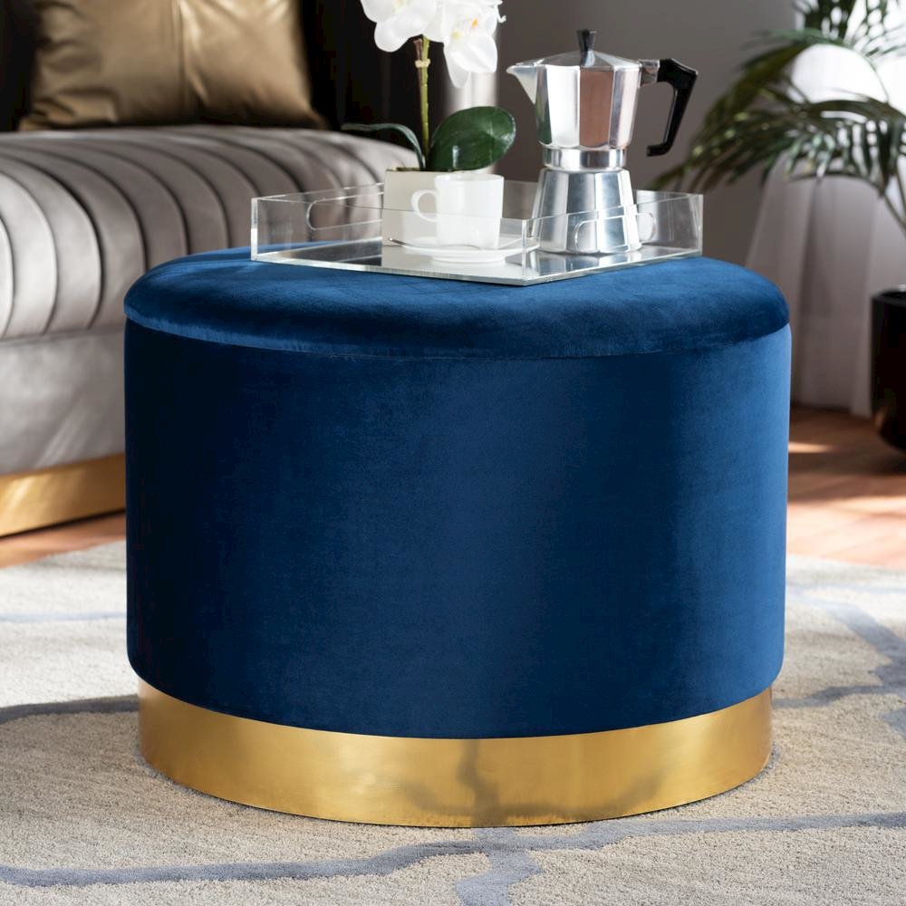 Luxe Navy Blue Velvet Fabric Upholstered Gold Finished Storage Ottoman. Picture 13