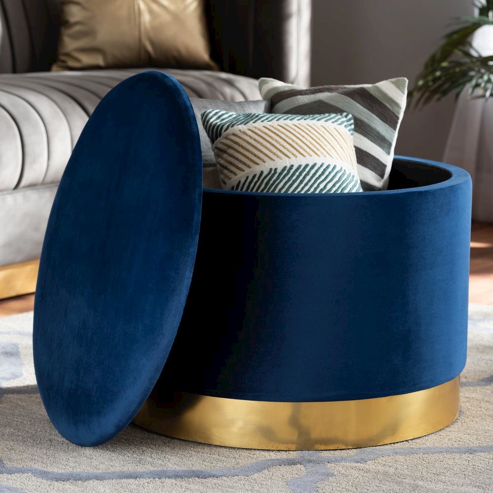 Luxe Navy Blue Velvet Fabric Upholstered Gold Finished Storage Ottoman. Picture 14