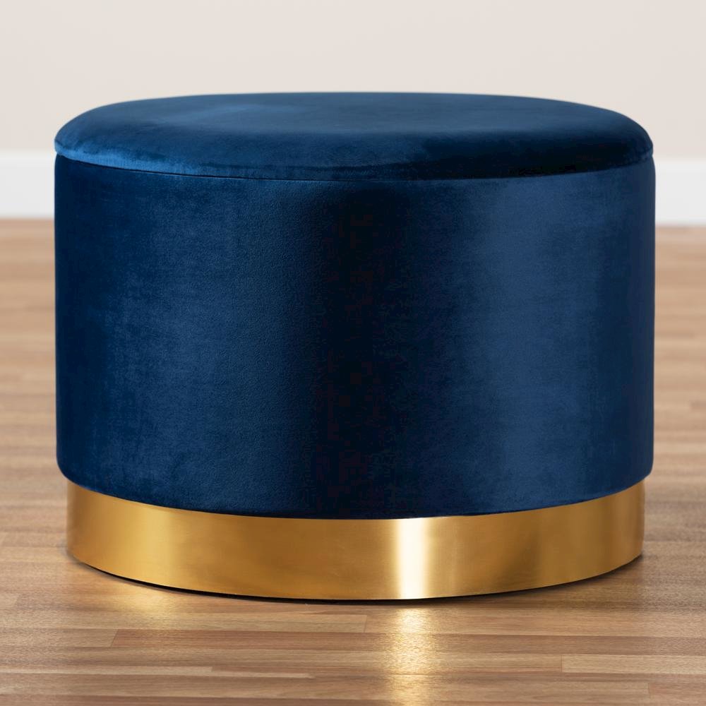 Luxe Navy Blue Velvet Fabric Upholstered Gold Finished Storage Ottoman. Picture 15