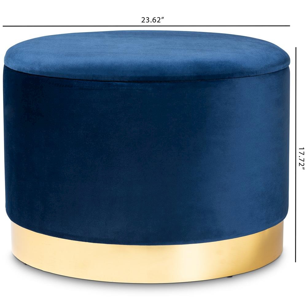 Luxe Navy Blue Velvet Fabric Upholstered Gold Finished Storage Ottoman. Picture 16