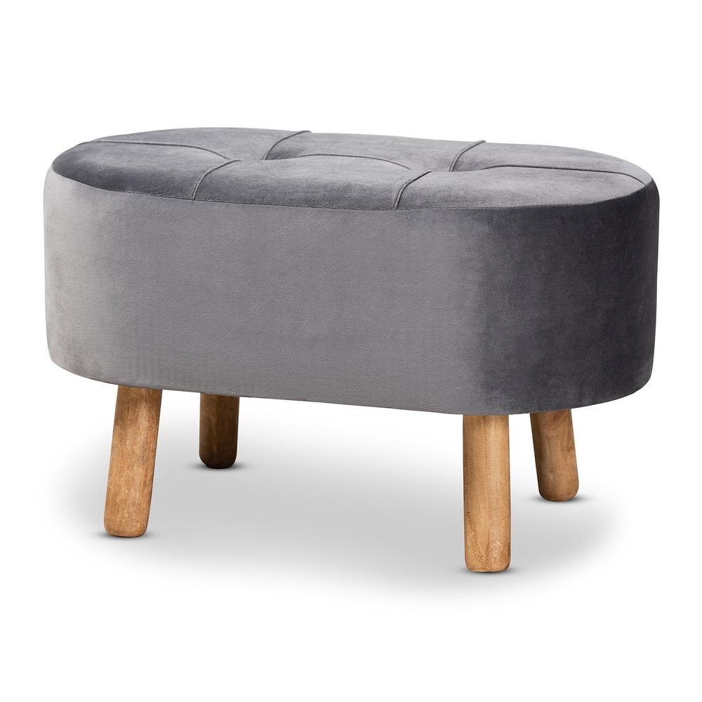Simone Mid-Century Modern Grey Velvet Fabric Upholstered Wood Ottoman. Picture 9