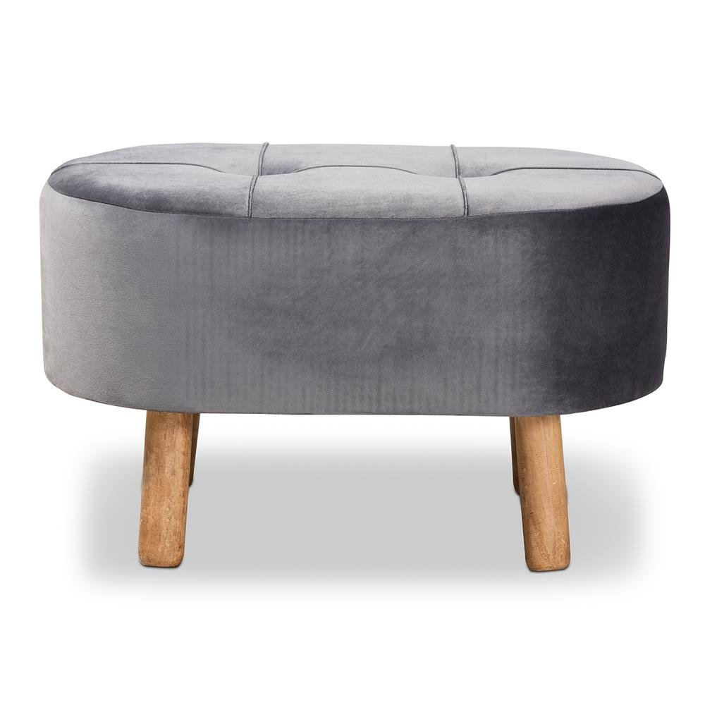 Simone Mid-Century Modern Grey Velvet Fabric Upholstered Wood Ottoman. Picture 10