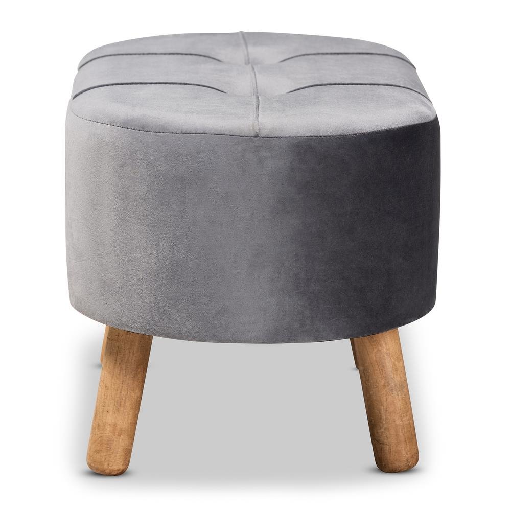 Simone Mid-Century Modern Grey Velvet Fabric Upholstered Wood Ottoman. Picture 11