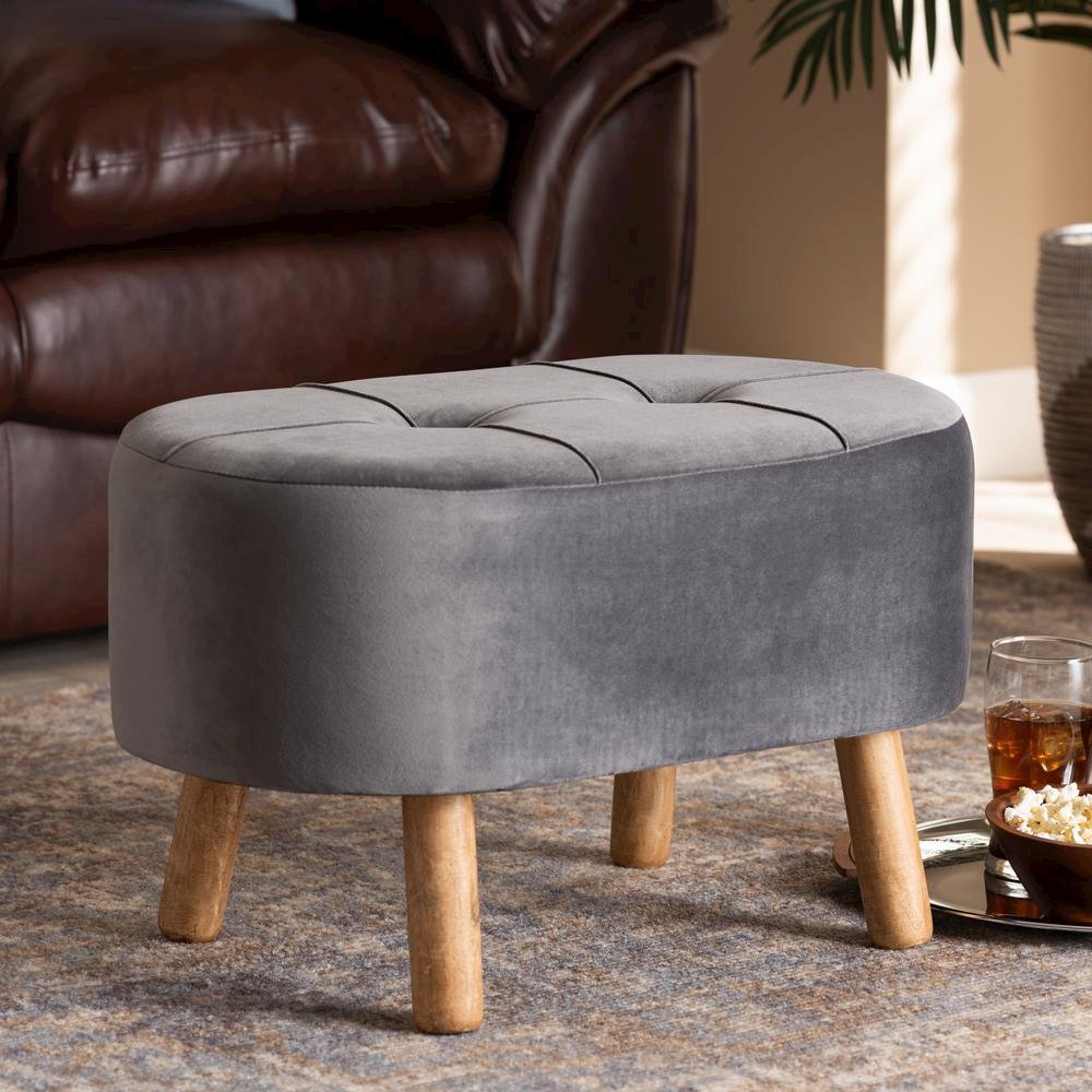Simone Mid-Century Modern Grey Velvet Fabric Upholstered Wood Ottoman. Picture 14