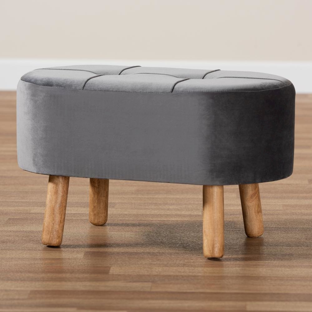 Simone Mid-Century Modern Grey Velvet Fabric Upholstered Wood Ottoman. Picture 15