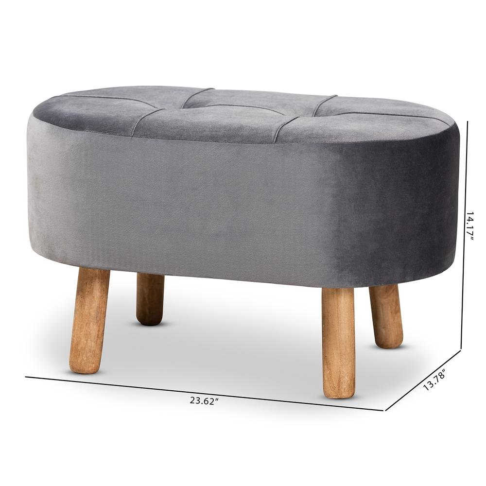 Simone Mid-Century Modern Grey Velvet Fabric Upholstered Wood Ottoman. Picture 16