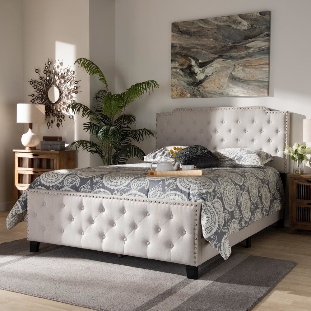 Transitional Beige Fabric Upholstered Button Tufted Full Size Panel Bed. Picture 16