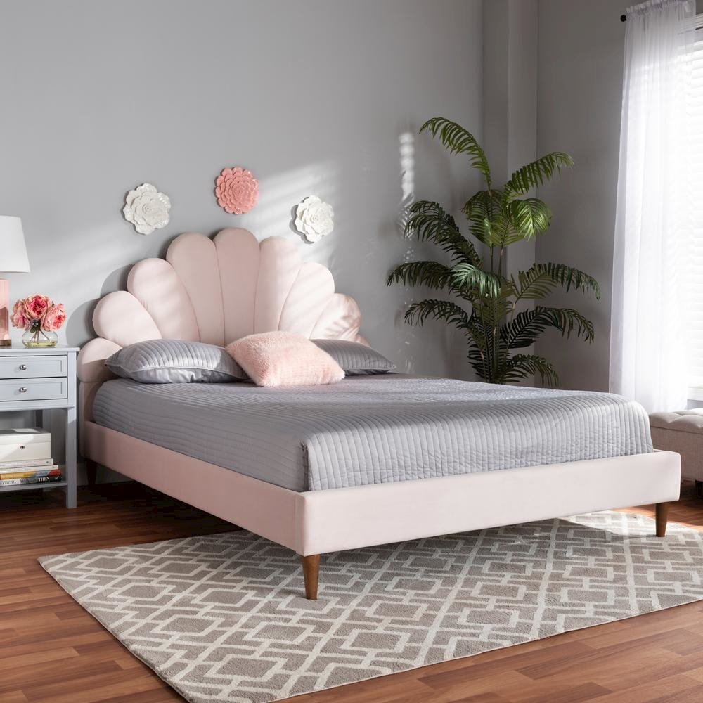 Walnut Brown Finished Wood Queen Size Seashell Shaped Platform Bed. Picture 14