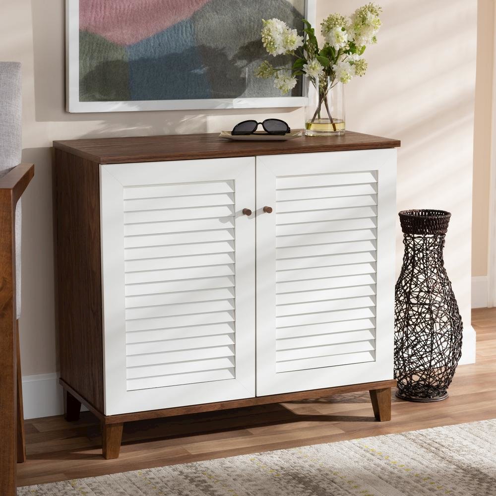 White and Walnut Finished 4-Shelf Wood Shoe Storage Cabinet. Picture 17