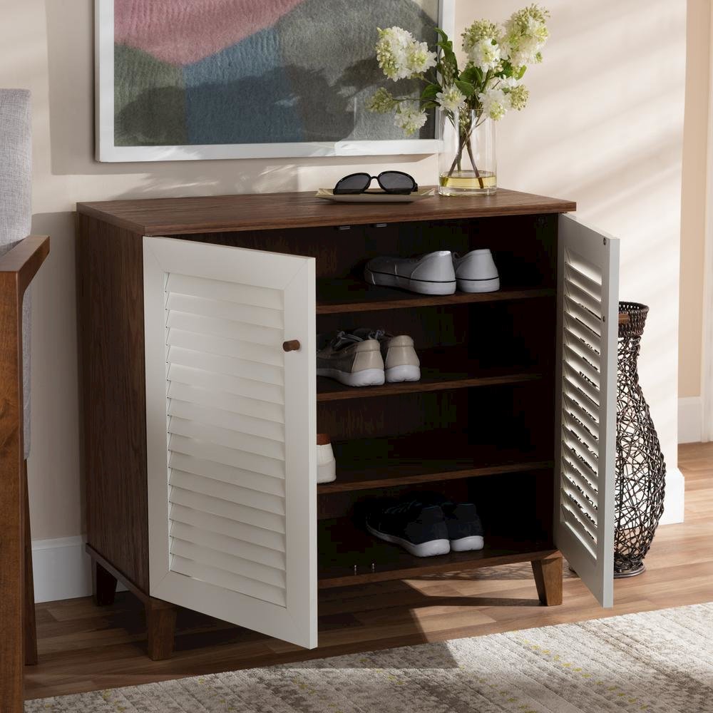 White and Walnut Finished 4-Shelf Wood Shoe Storage Cabinet. Picture 18