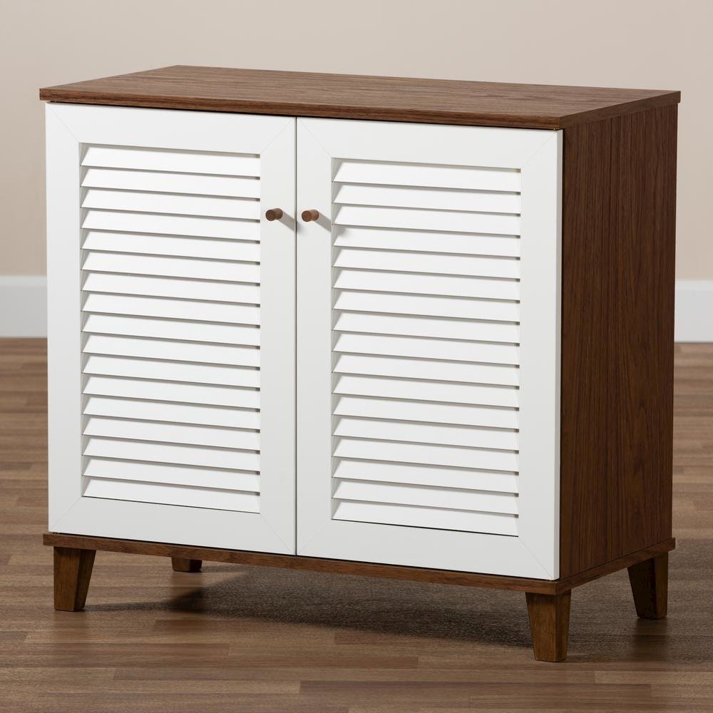 White and Walnut Finished 4-Shelf Wood Shoe Storage Cabinet. Picture 19
