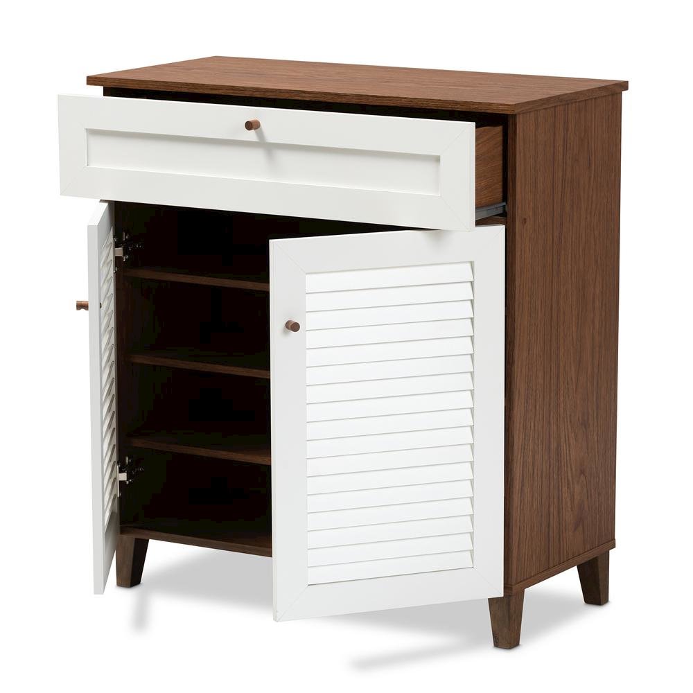White and Walnut Finished 4-Shelf Wood Shoe Storage Cabinet with Drawer. Picture 12