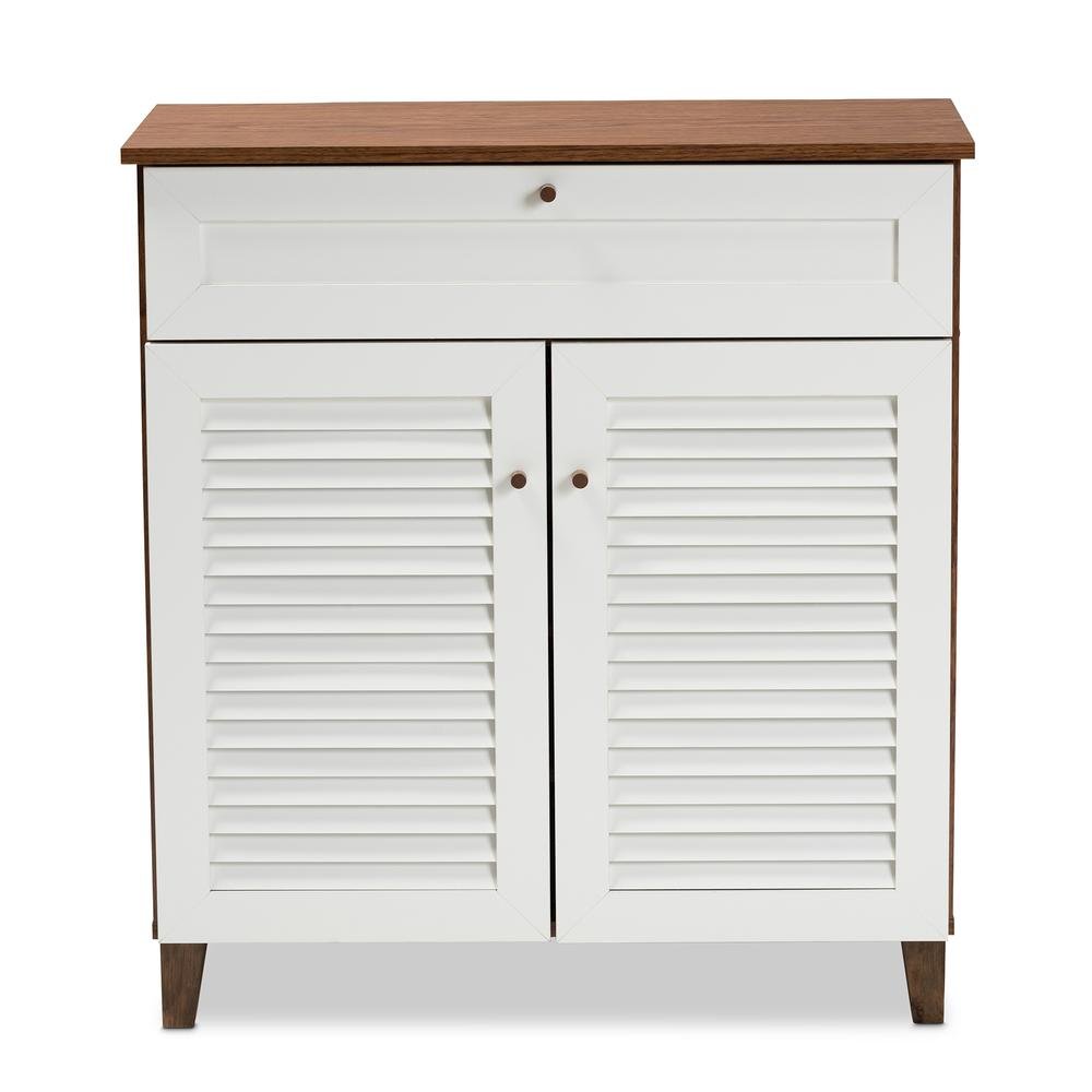 White and Walnut Finished 4-Shelf Wood Shoe Storage Cabinet with Drawer. Picture 13