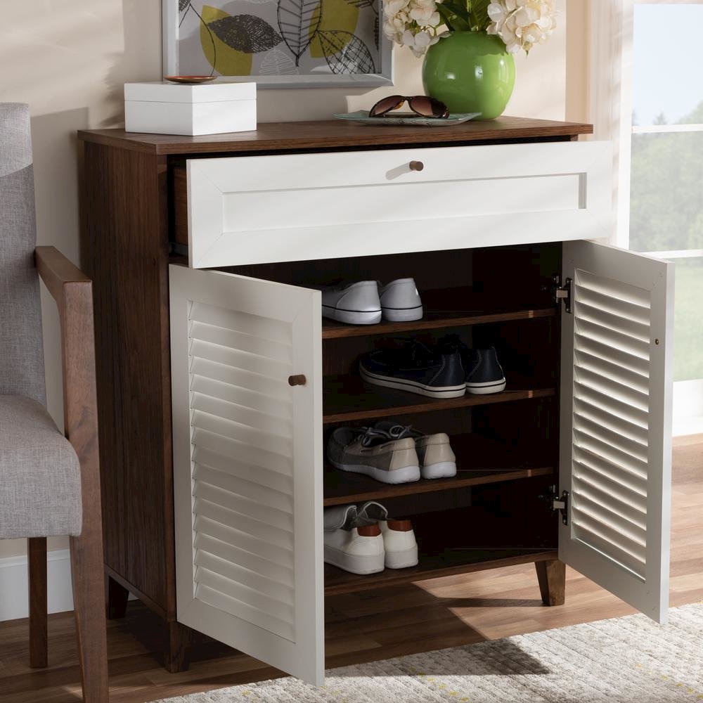 White and Walnut Finished 4-Shelf Wood Shoe Storage Cabinet with Drawer. Picture 18
